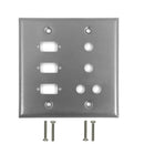 Double Gang, 3-Port DB9 size cutout , 4 x 3/8 inch hole Stainless Steel Wall Plate
